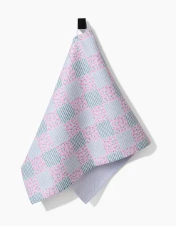 GEOMETRY Mini Flowers and Stripes Check Pink and Green Bar Towel